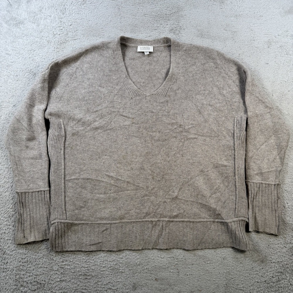 Kinross Sweater Womens Small Beige 100% Cashmere V-Neck Oversized Boxy Pullover